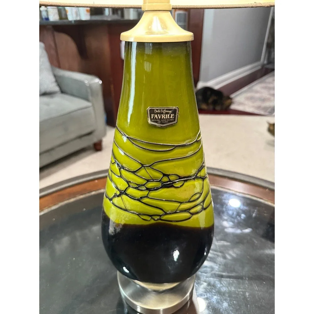 Dale Tiffany Favrile Hand Blown Art Glass Table Lamp Olive Green Amber Brown 24